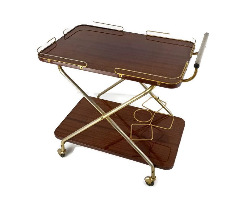 Foldable Bar Cocktail Tea Entertainment Cart Trolley Kitchen Island Veneer Brass