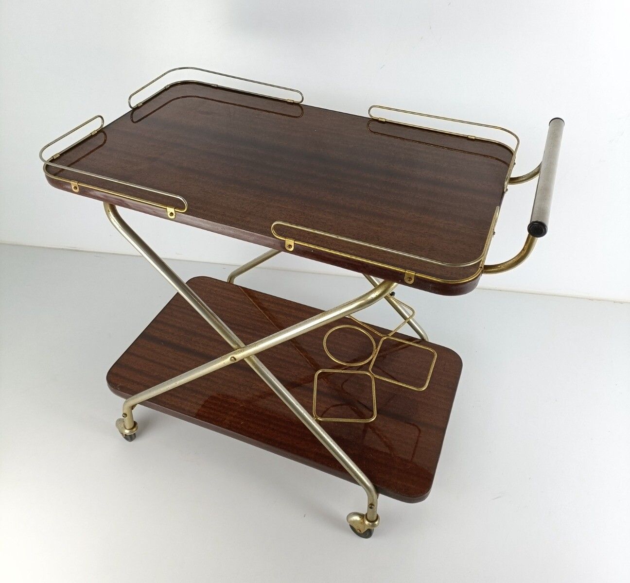 Foldable Bar Cocktail Tea Entertainment Cart Trolley Kitchen Island Veneer Brass photo furniture