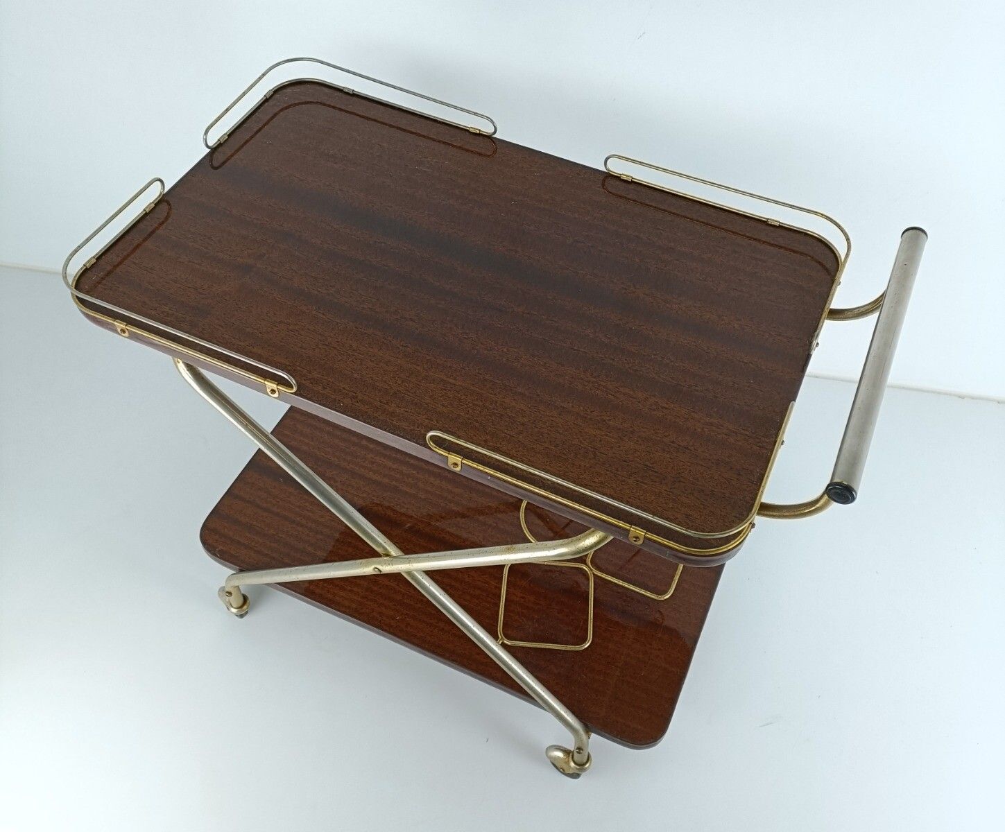 Foldable Bar Cocktail Tea Entertainment Cart Trolley Kitchen Island Veneer Brass photo for sale