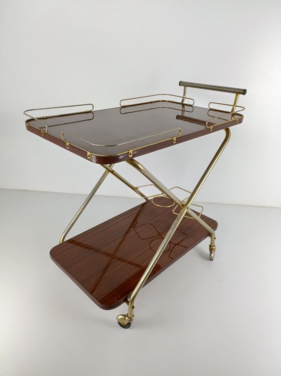 Foldable Bar Cocktail Tea Entertainment Cart Trolley Kitchen Island Veneer Brass photo vinterior