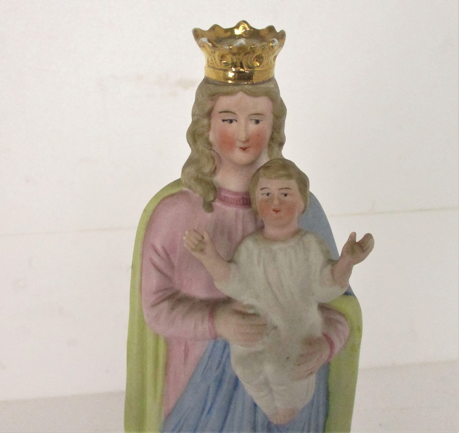 French Antique 1900 Bisque Porcelain Statue Virgin Mary Madonna Polychrome 12&Qu photo furniture