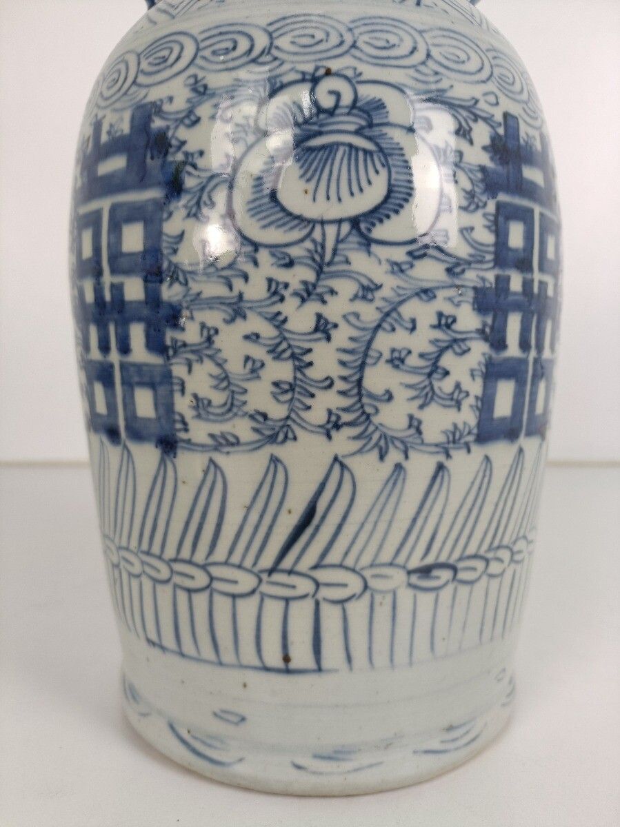 Antique 19th Century Happiness Vase Urn Ginger Jar Wedding Bliss Blue White Ch photo for sale
