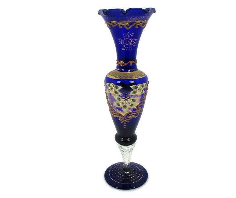 Moser Art Glass Hand Painted Small Vase Twisted Stem Gold Gilded Bohemian Czech