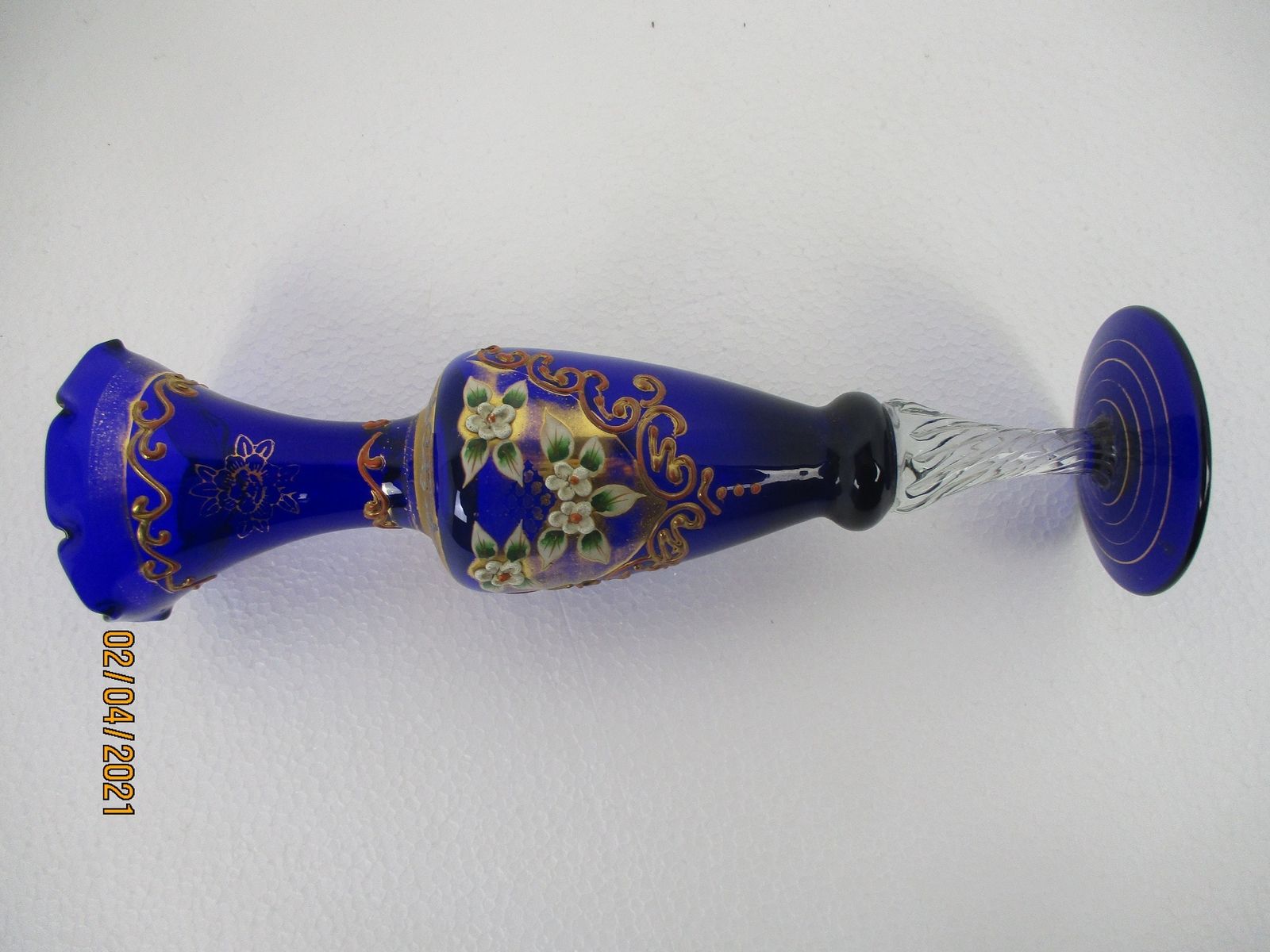 Moser Art Glass Hand Painted Small Vase Twisted Stem Gold Gilded Bohemian Czech photo vintage