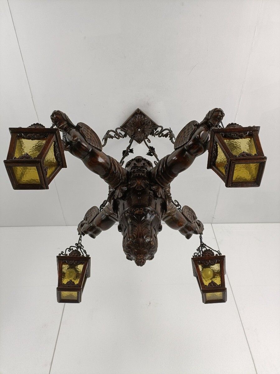 Gothic Chandelier Antique Gargouilles Oak Wood 1900 Huge 4 Lights Exquisite Wow photo furniture