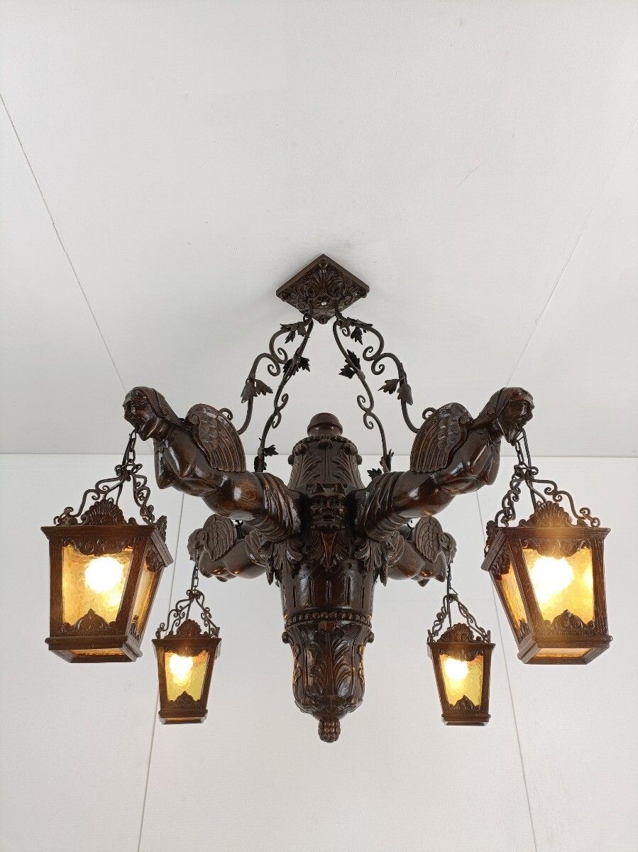 Gothic Chandelier Antique Gargouilles Oak Wood 1900 Huge 4 Lights Exquisite Wow photo for sale