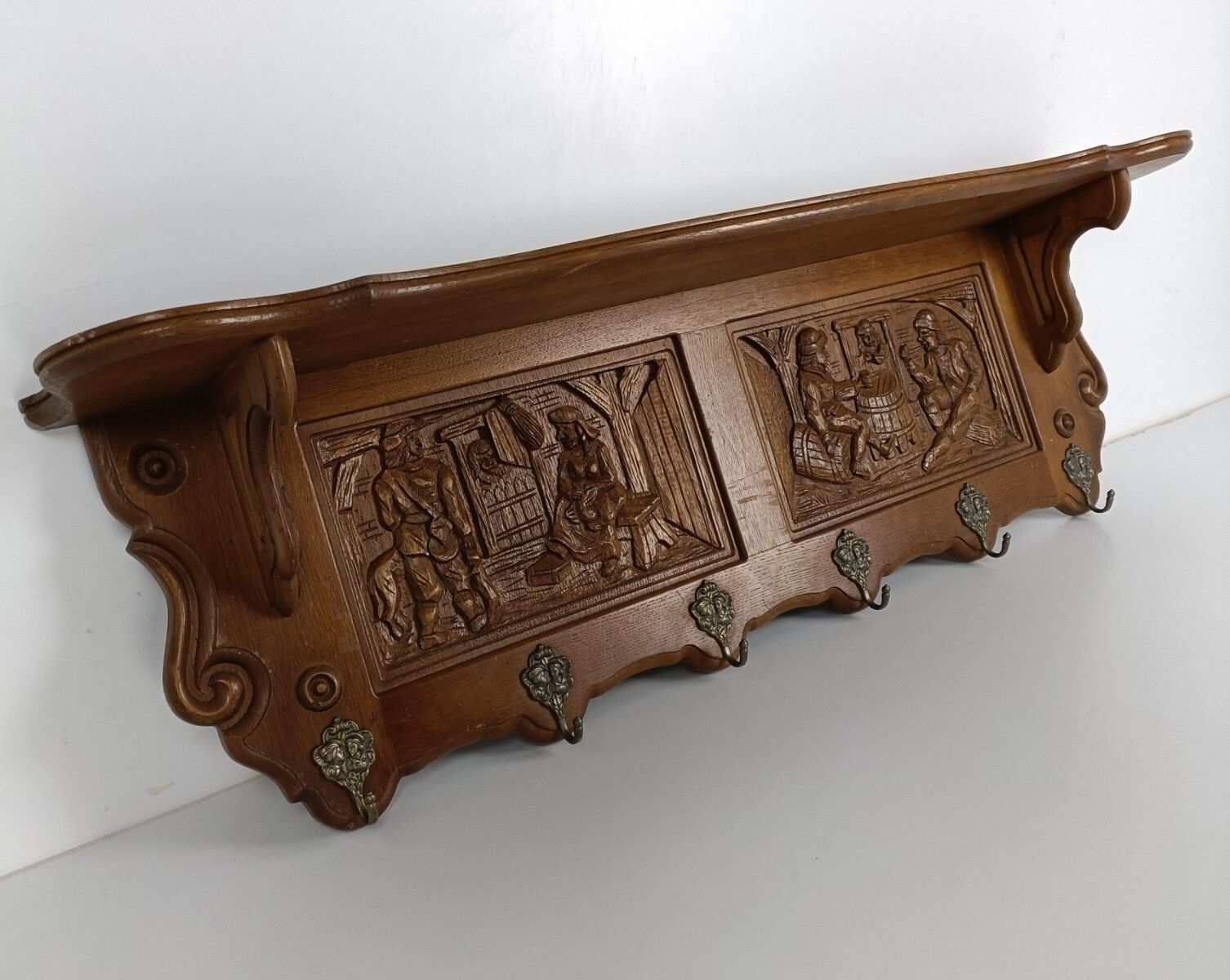 Gorgeous Hand Carved Wood  Coat Hat Rack Breughel Style Figurines Panels Antiq photo Furniture