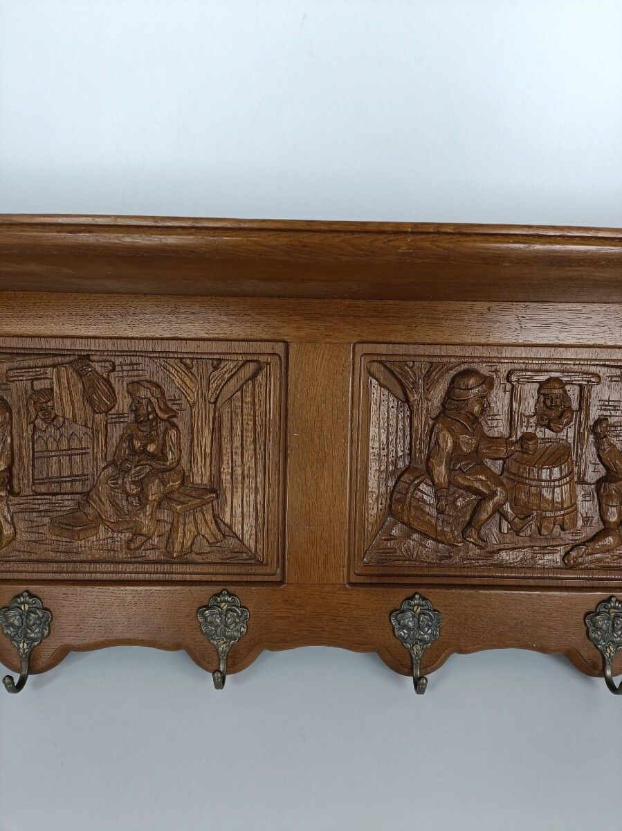 Gorgeous Hand Carved Wood  Coat Hat Rack Breughel Style Figurines Panels Antiq photo buy
