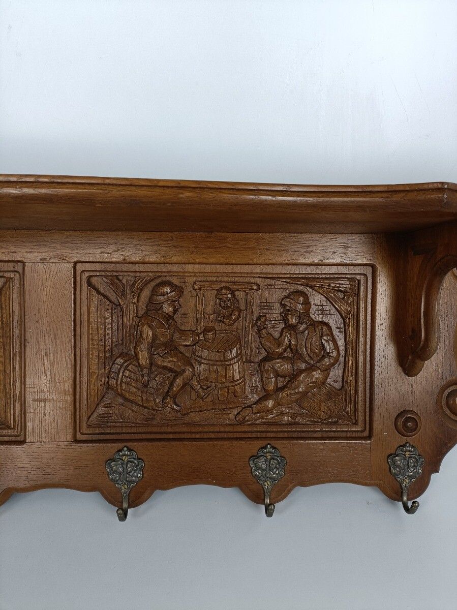 Gorgeous Hand Carved Wood  Coat Hat Rack Breughel Style Figurines Panels Antiq photo vintage