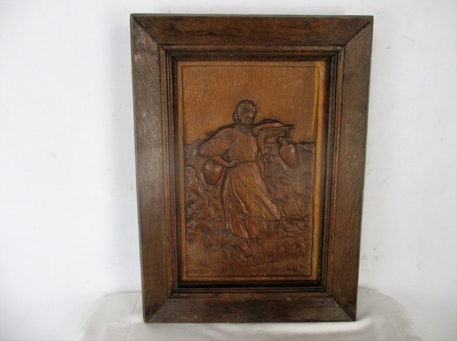 Hand Carved Wood Wall Art Panel Bas Relief Woman Carrying Water Buckets Rebecca photo furniture