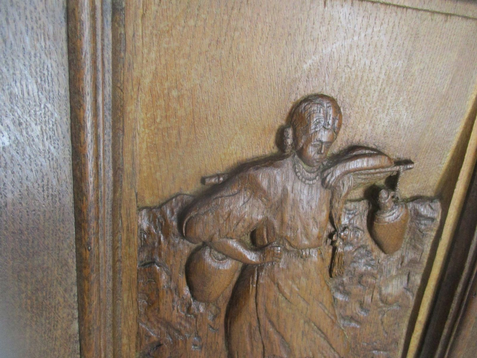 Hand Carved Wood Wall Art Panel Bas Relief Woman Carrying Water Buckets Rebecca photo for sale