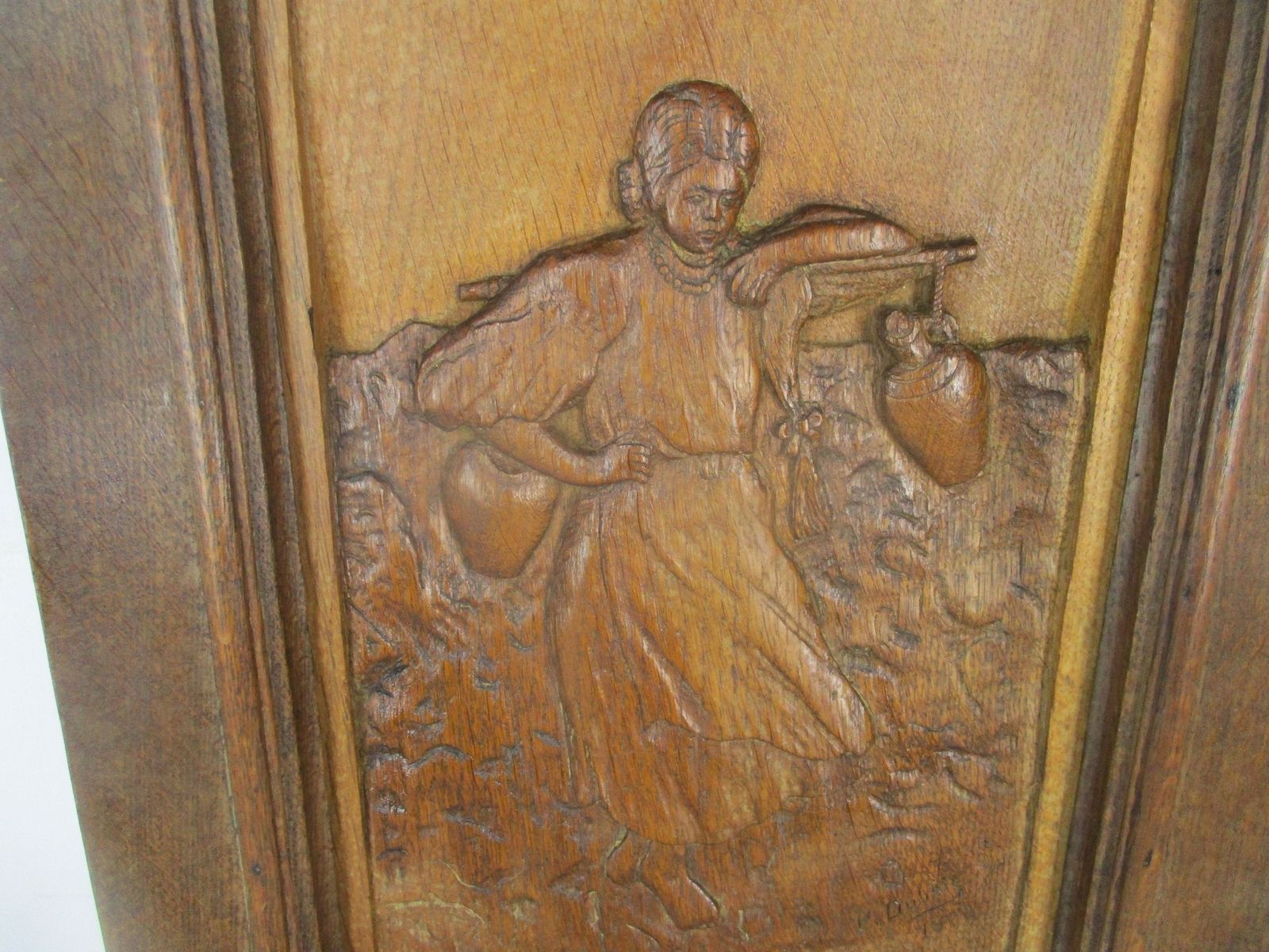 Hand Carved Wood Wall Art Panel Bas Relief Woman Carrying Water Buckets Rebecca photo Art