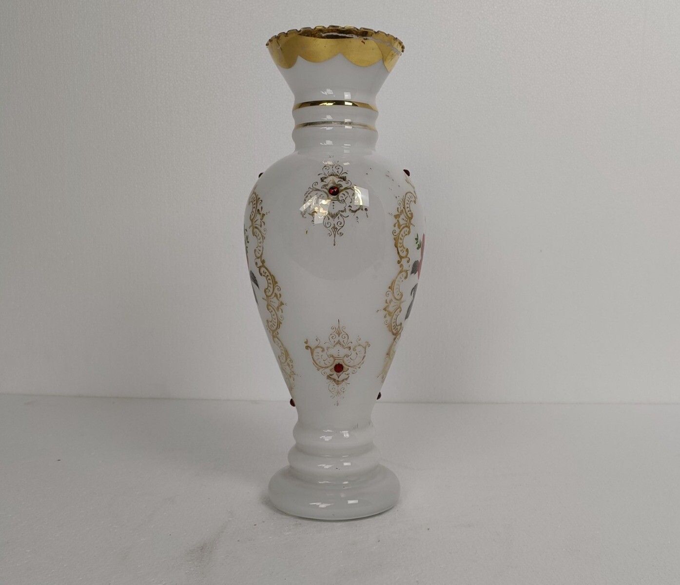 Vintage Vase Cased Glass White Red Roses Stones Large photo furniture