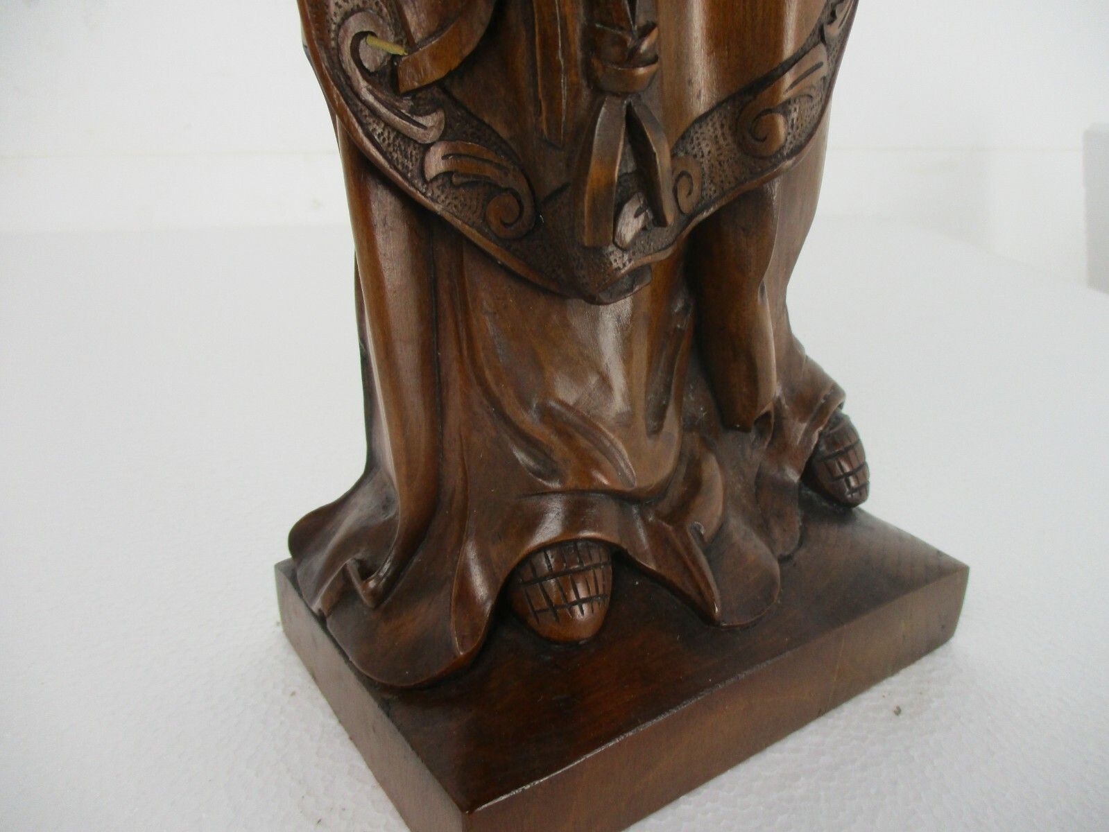 L Hand Carved Wood Statue Lady Saint ? With Pouch And Globe Signed De Hondt W. photo Art