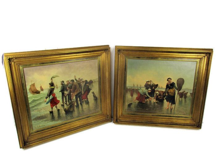 Pair Ornate Framed Wood Plaster Panels Fisher Women Goodbye Looking For Oysters