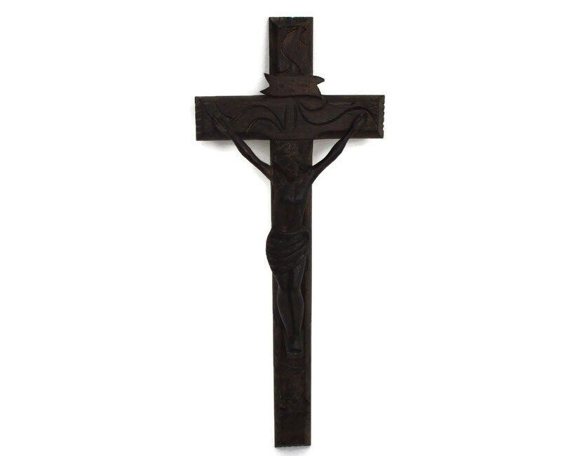 Completely Hand Carved Wood Oak Hanging Crucifix Cross Corpus Jesus Christ