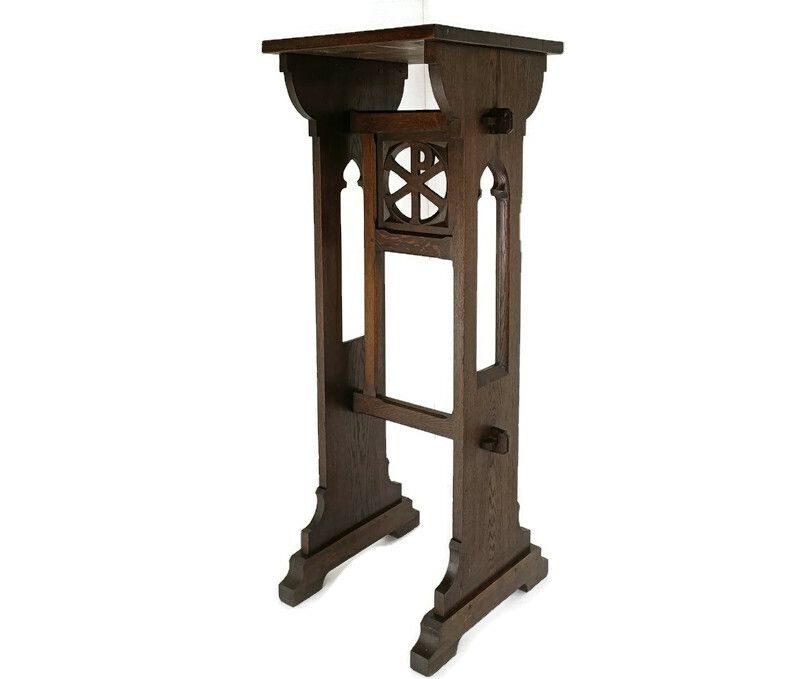 Antique Neo Gothic French Oak Pedestal Stand Church Hand Carved 19th Century Gor