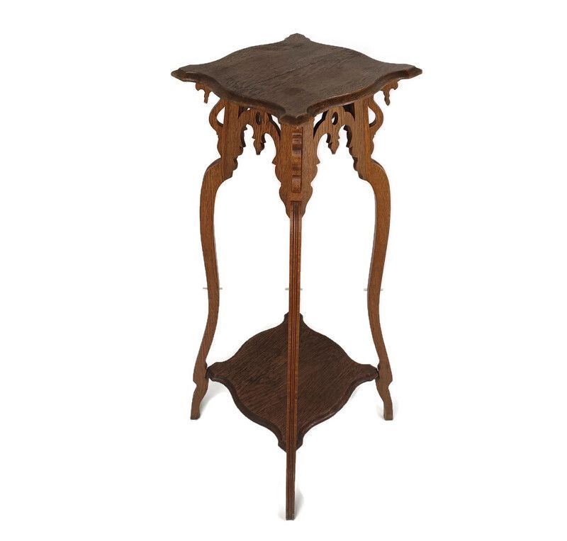 Art Noveau Antique Pedestal Plant Stand Two Tier Side Table, Bonsai Table Carved