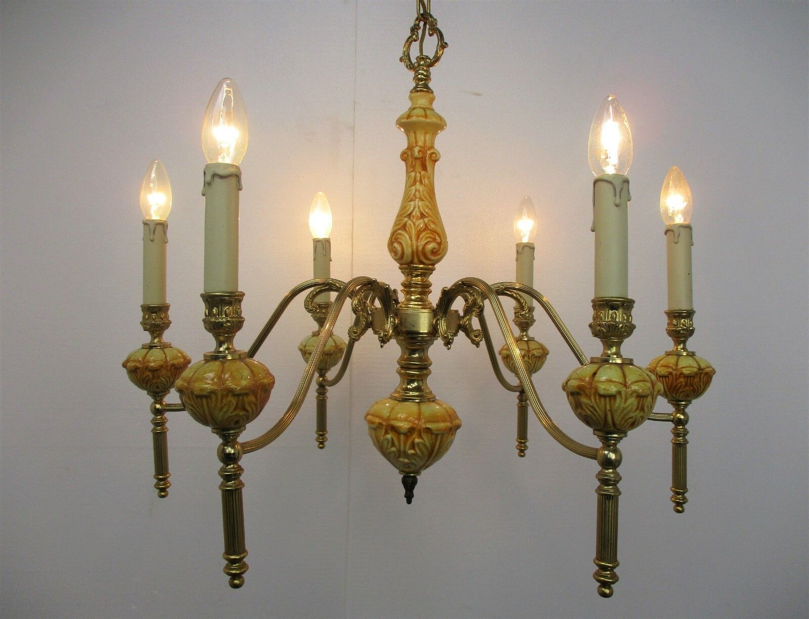 Chandelier Brass Brown Amber Porcelain Brass 6 Lights Hollywood Regency Style photo for sale