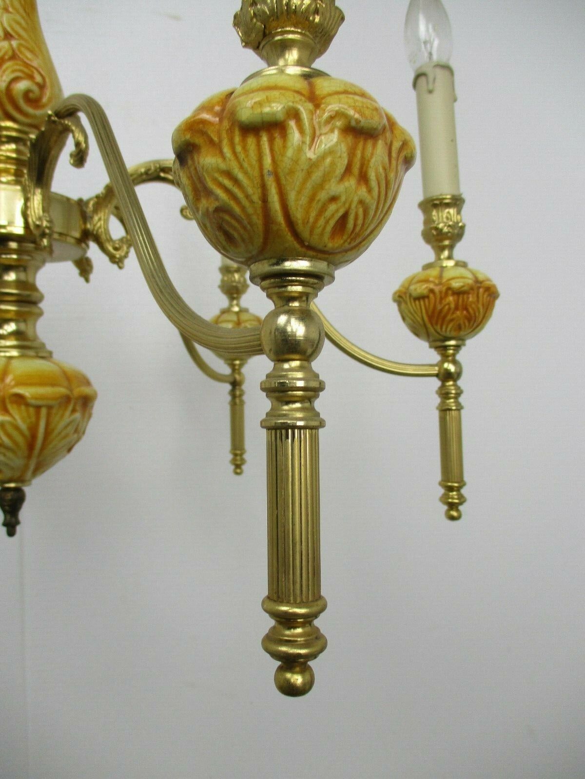 Chandelier Brass Brown Amber Porcelain Brass 6 Lights Hollywood Regency Style photo buy