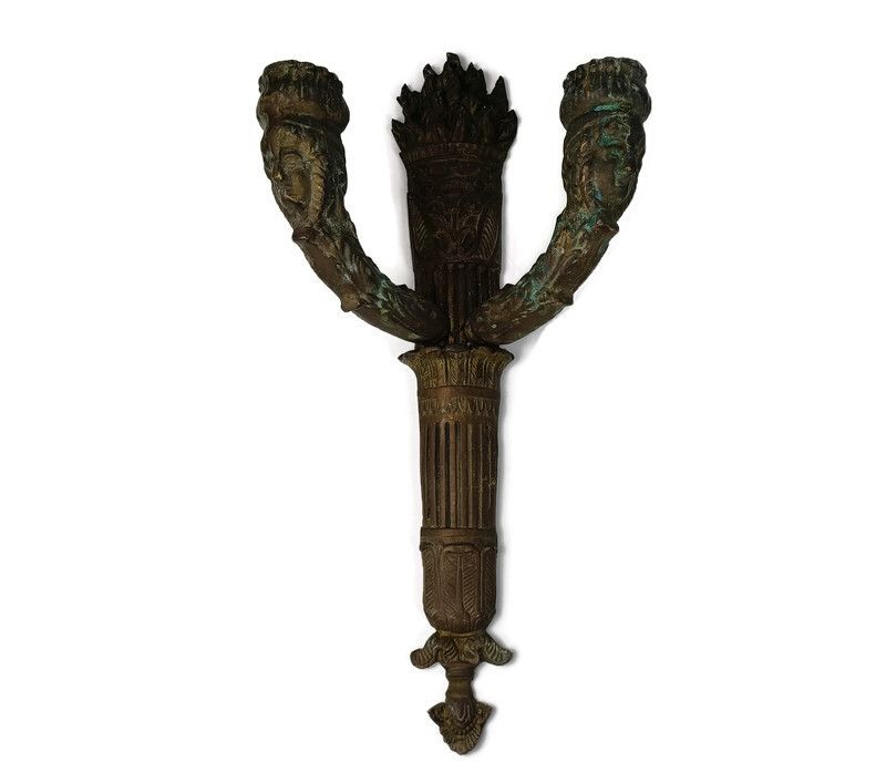 Bronze Wall Sconce Candelabra Antique Gothic Female Faces,19th Century