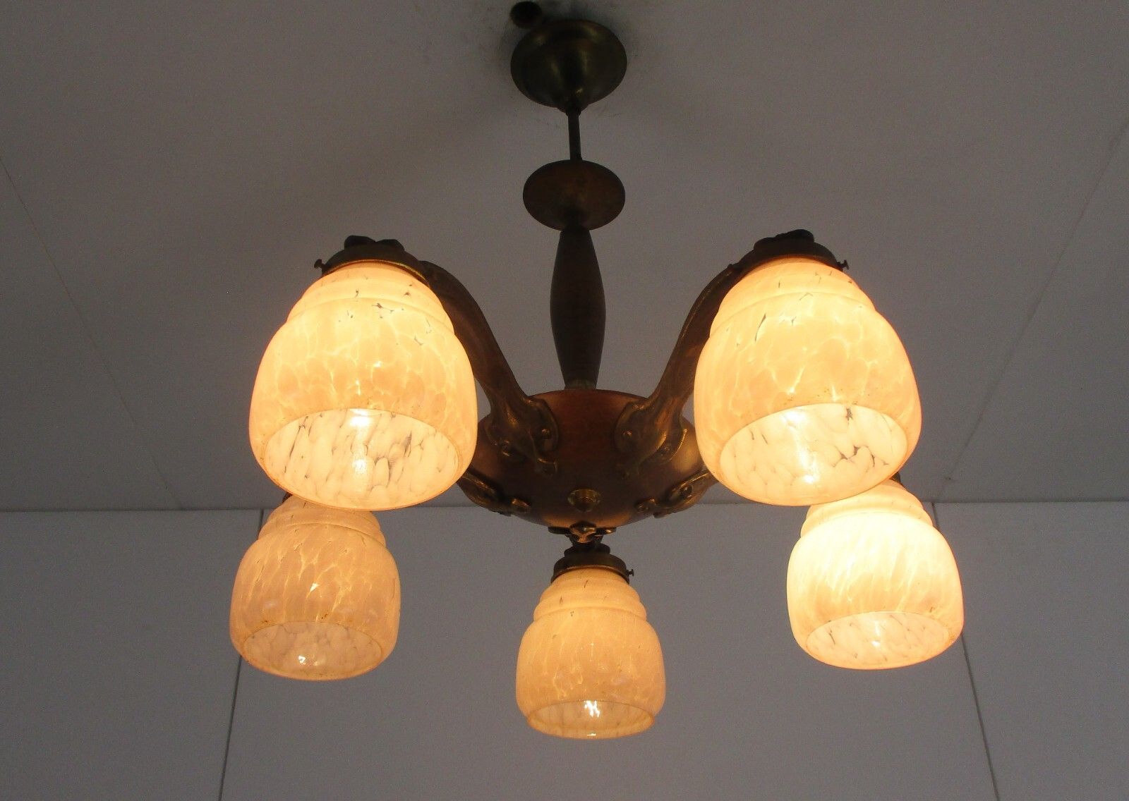 Chandelier 6 Arms Lights Art Deco Marbled Glass Pink Shades Spider Antique photo furniture