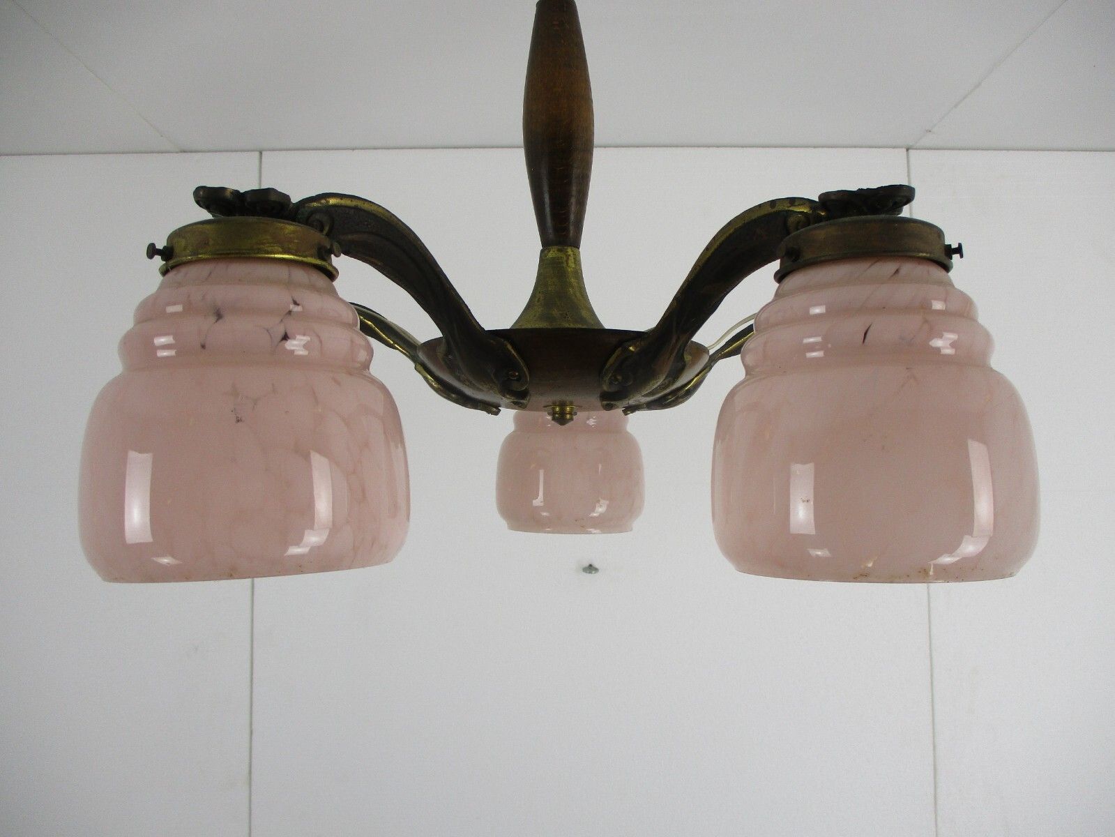 photo for sale Chandelier 6 Arms Lights Art Deco Marbled Glass Pink Shades Spider Antique