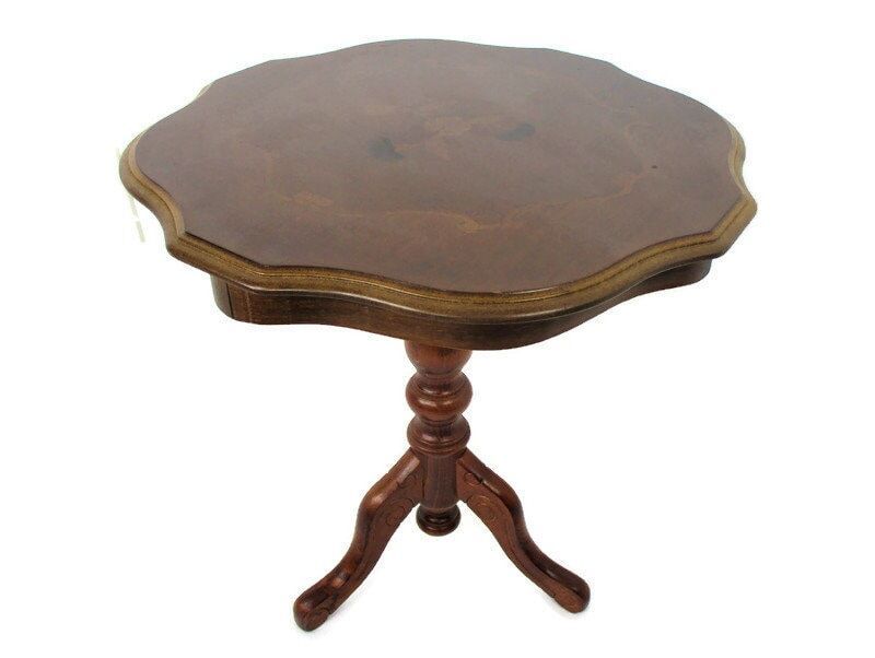 Italian Hand Carved Wood Coffee Wine Side Table Inlay Marquetry Tripod Pedestal