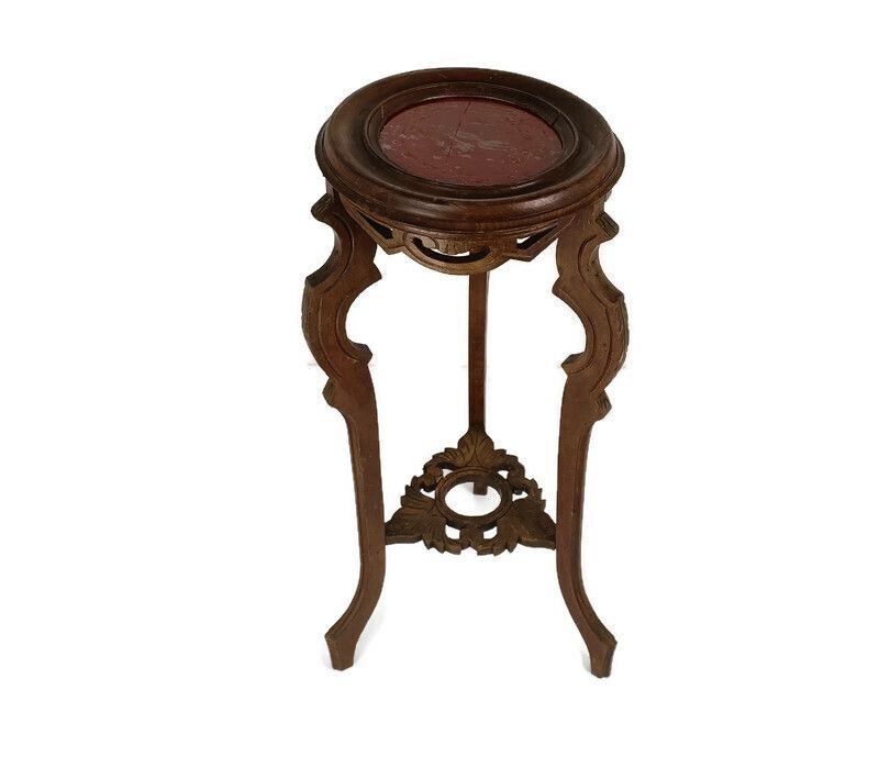 Carved Wood Marble Top Plant Flower Bonsai Stand  Side Table Pedestal Antique Be