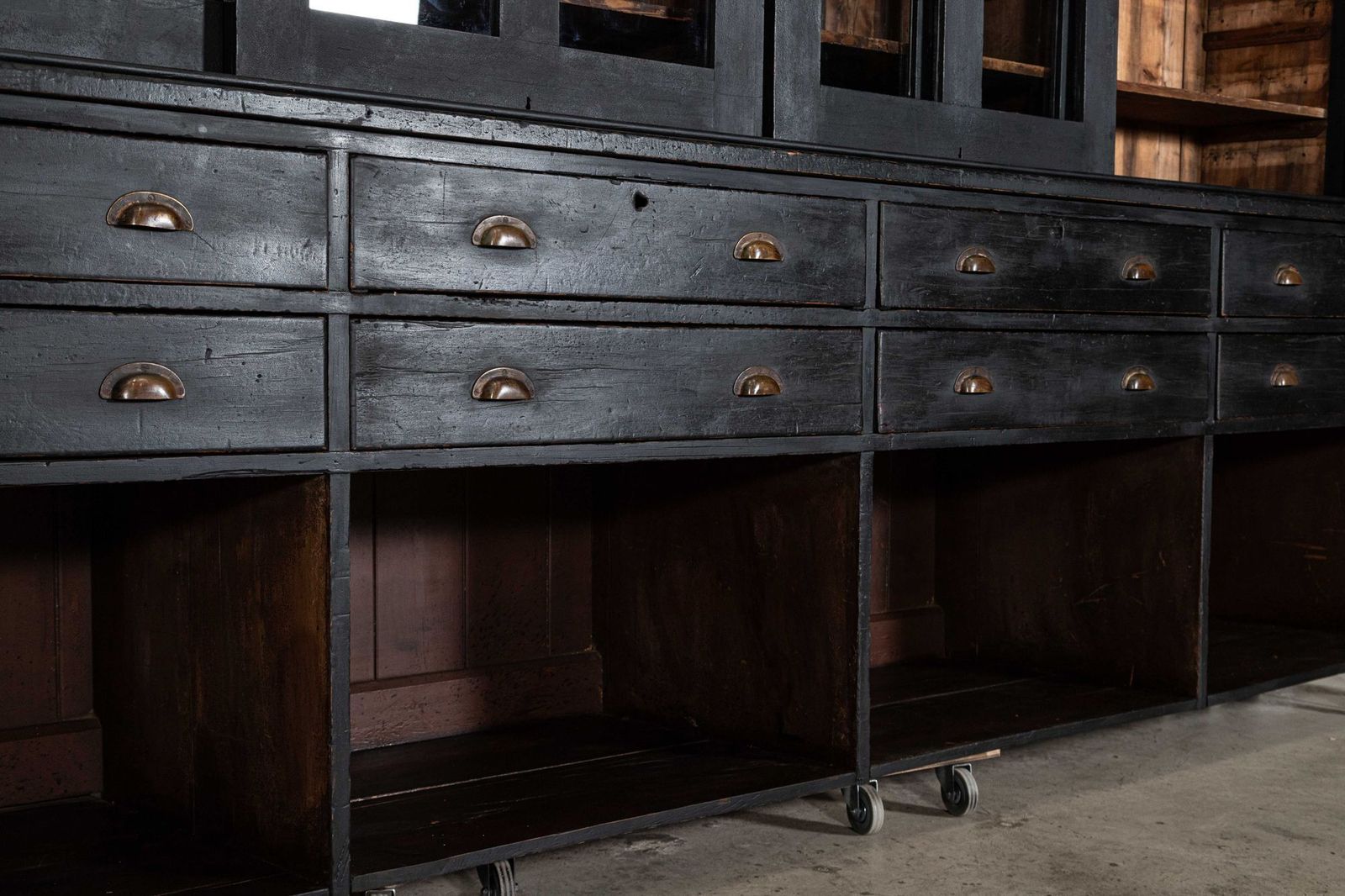 photo furniture Monumental 19thc English Ebonised Pine Housekeepers / Haberdashery Cabinet