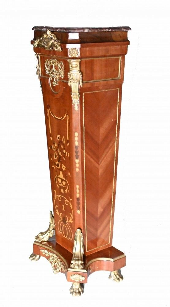 Pair Pedestal Stands French Empire Tall Tables Inlay photo vinterior