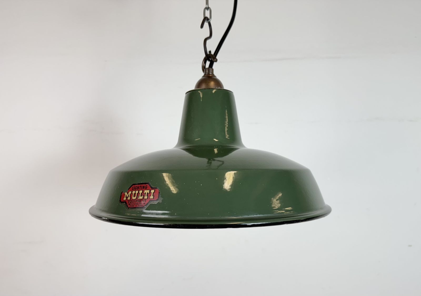 Industrial Green Enamel Factory Pendant Lamp From Multi Electrical Co., 1960s, 3x photo for sale