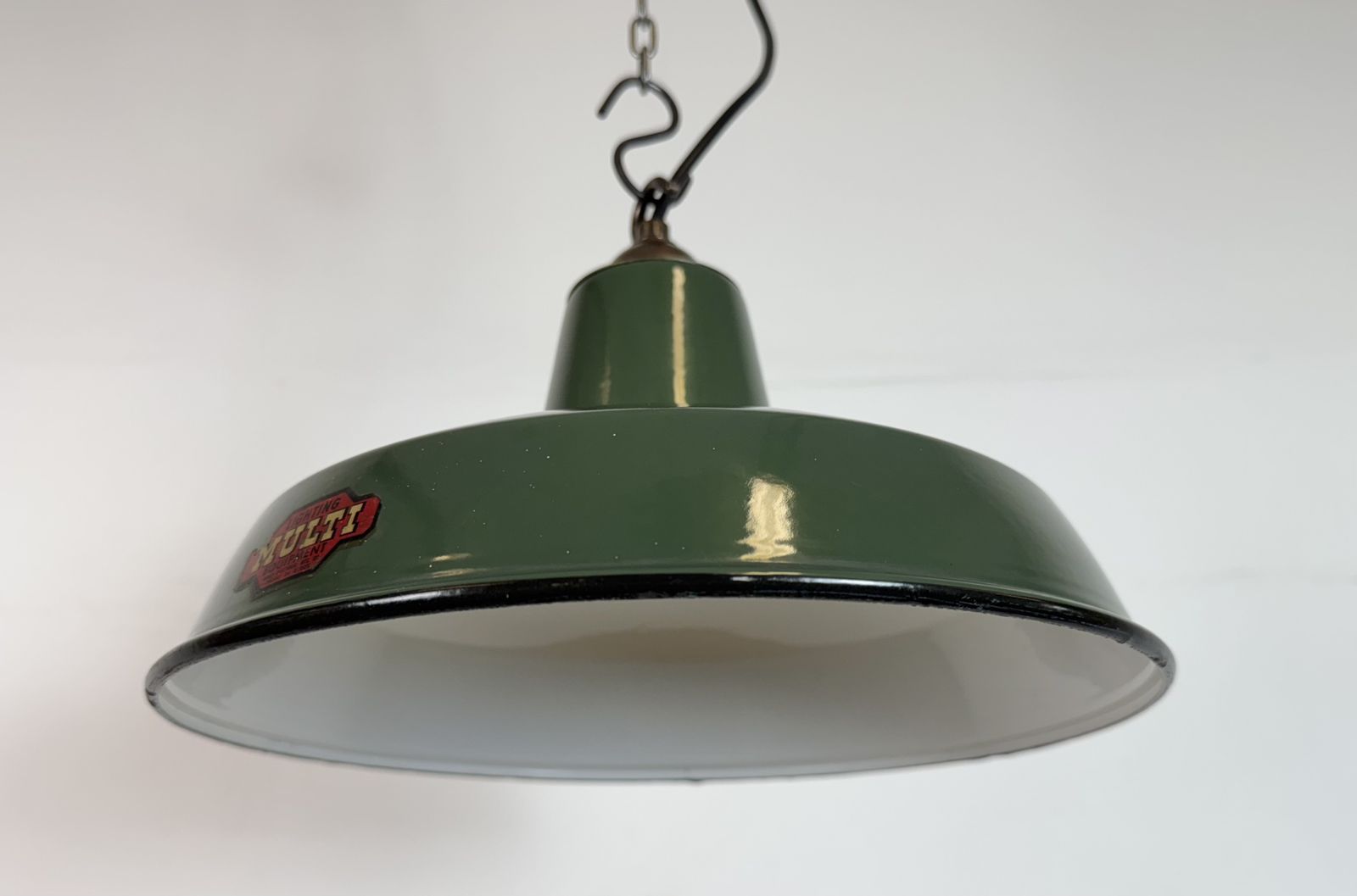 photo vinterior Industrial Green Enamel Factory Pendant Lamp From Multi Electrical Co., 1960s, 3x