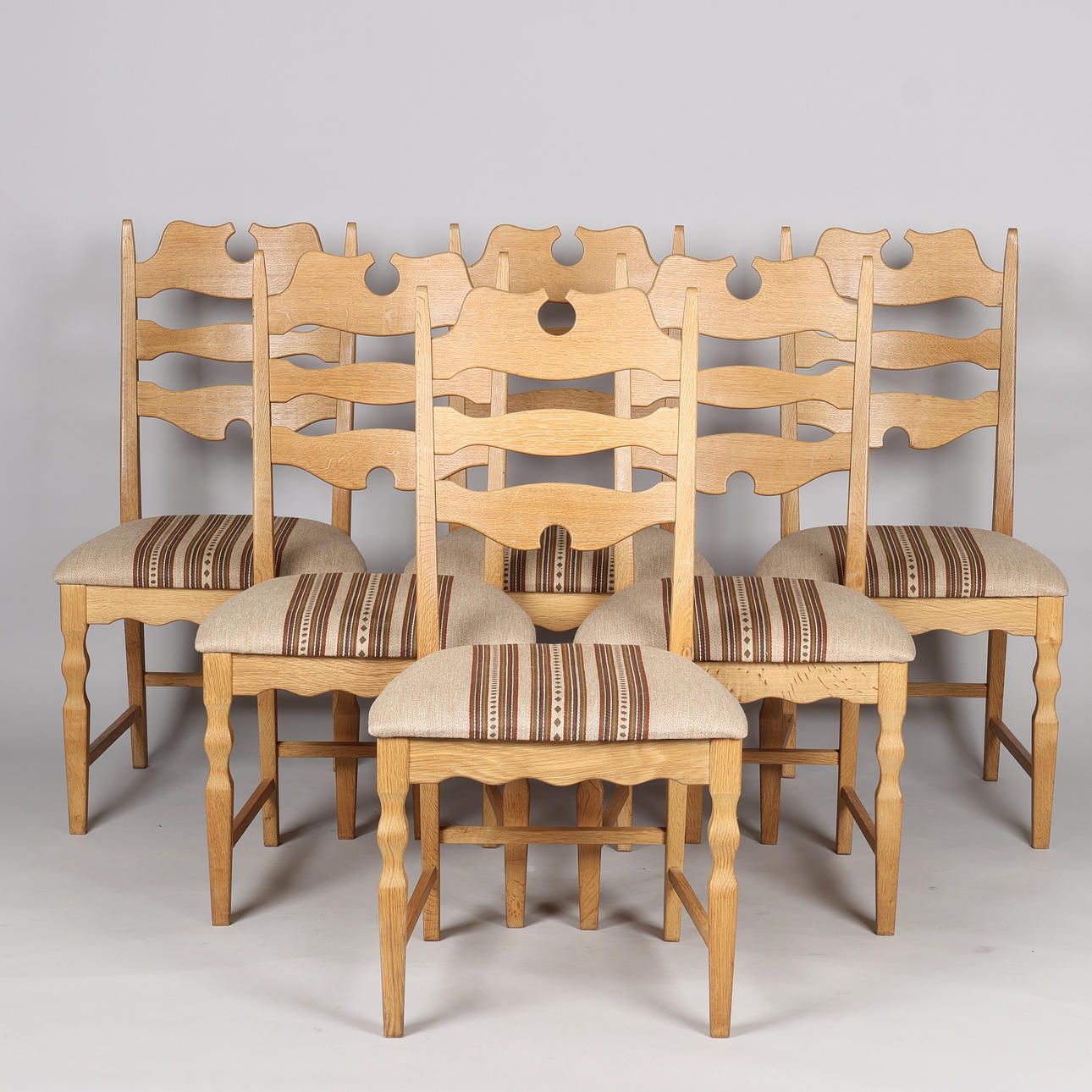 Henry Kjærnulf (1911 1975). Six Chairs Made Of Oak, Seats Upholstered In Striped Wool, Eg Kvalitetmøbler, Denmark, Circa 1960s
