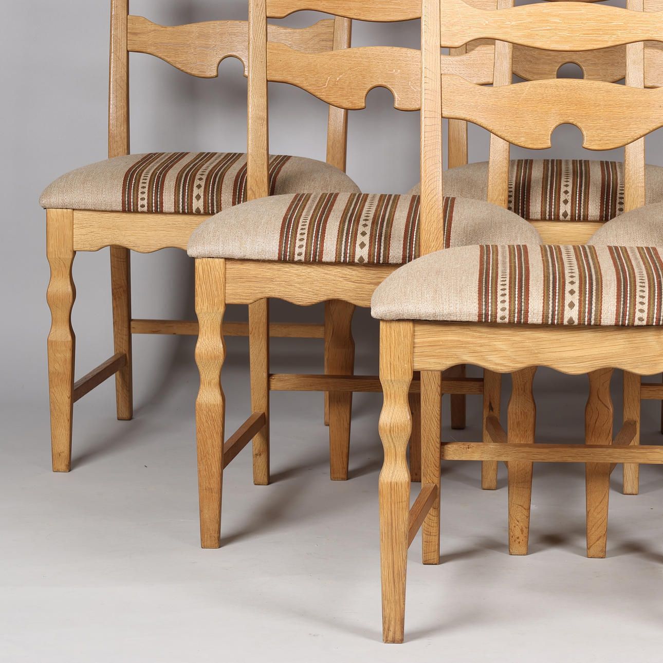 Henry Kjærnulf (1911 1975). Six Chairs Made Of Oak, Seats Upholstered In Striped Wool, Eg Kvalitetmøbler, Denmark, Circa 1960s photo for sale