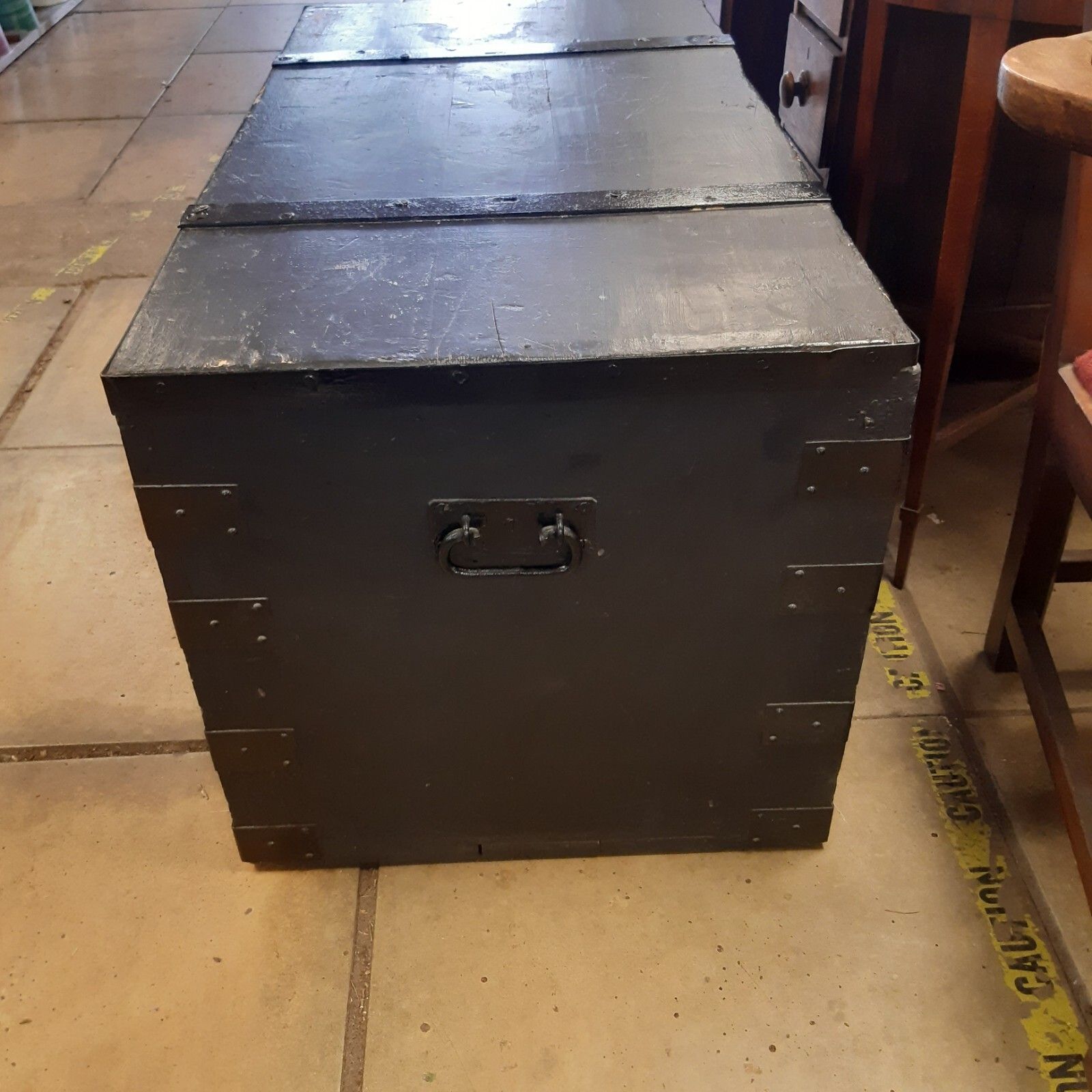Vintage Large Black Painted Steel Banded Wooden Trunk photo furniture