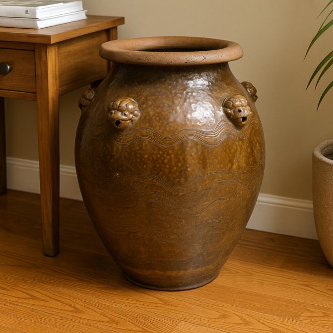 Antique 18th Century Chinese Martaban Jar | Qing Dynasty Ceramic Storage Vessel With Lion Handles & Brown Glaze photo for sale