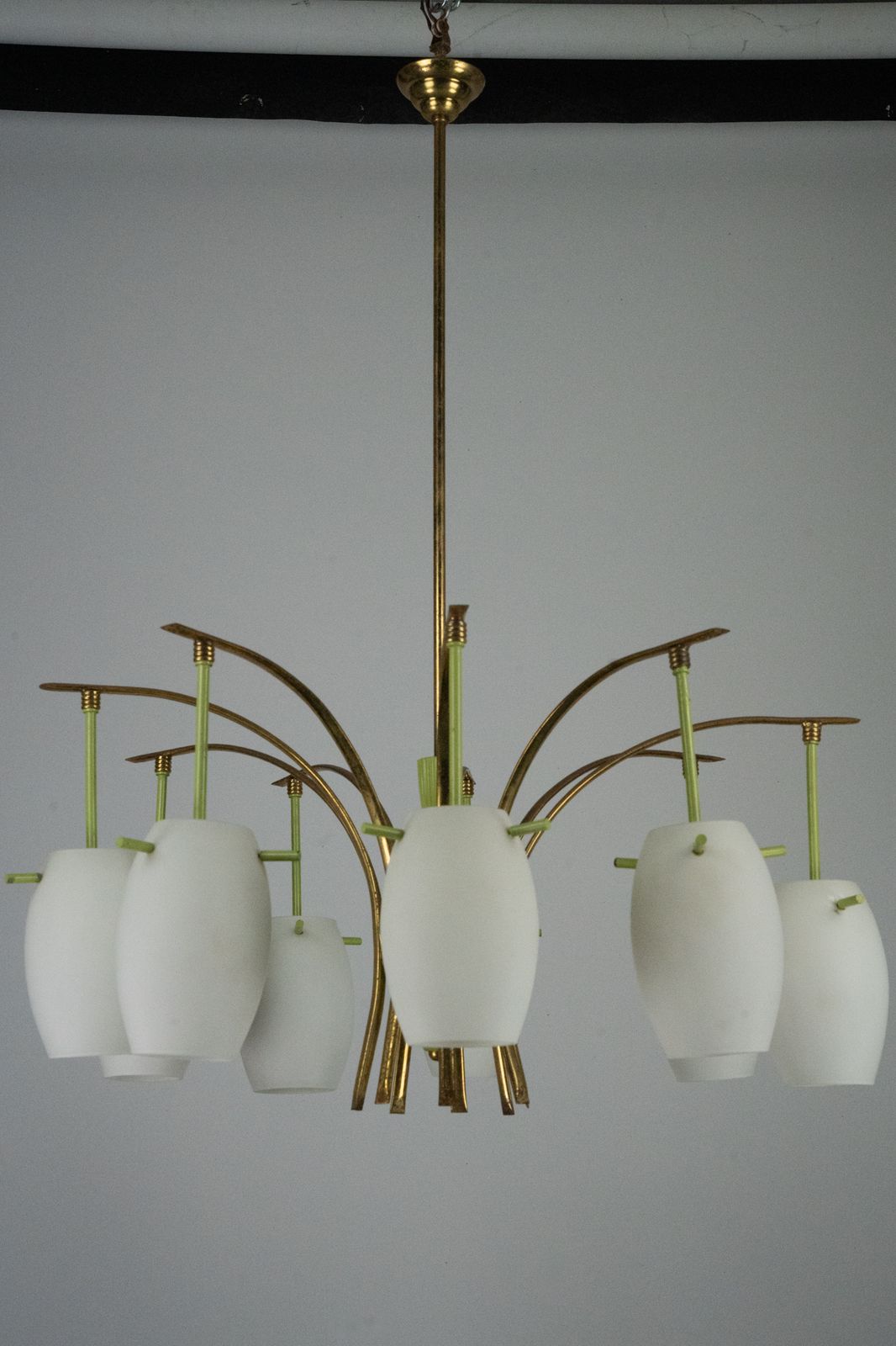 Midcentury 9 Arm Brass Chandelier With Green Lacquer & Opaline Glass. Italy 1950s