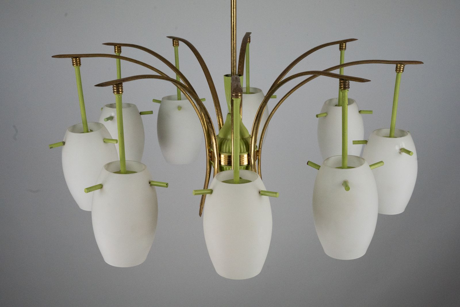 Midcentury 9 Arm Brass Chandelier With Green Lacquer & Opaline Glass. Italy 1950s photo buy