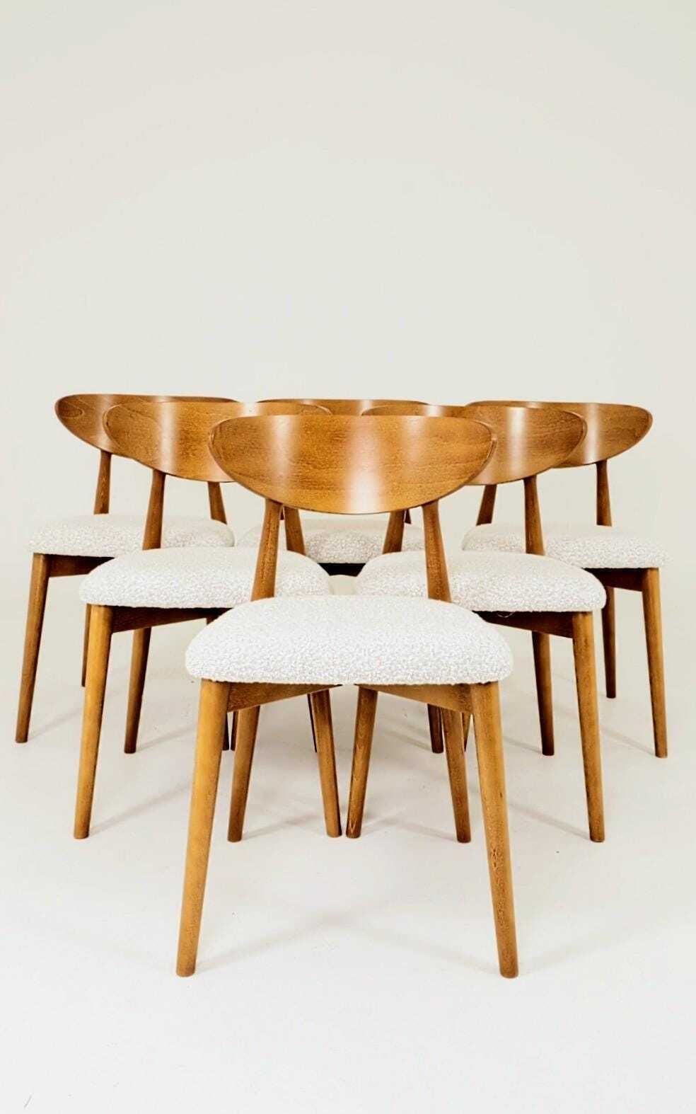 Set Of 6 Dining Chairs, Light Beech Wood, White Bouclè Fabric, Modern Design