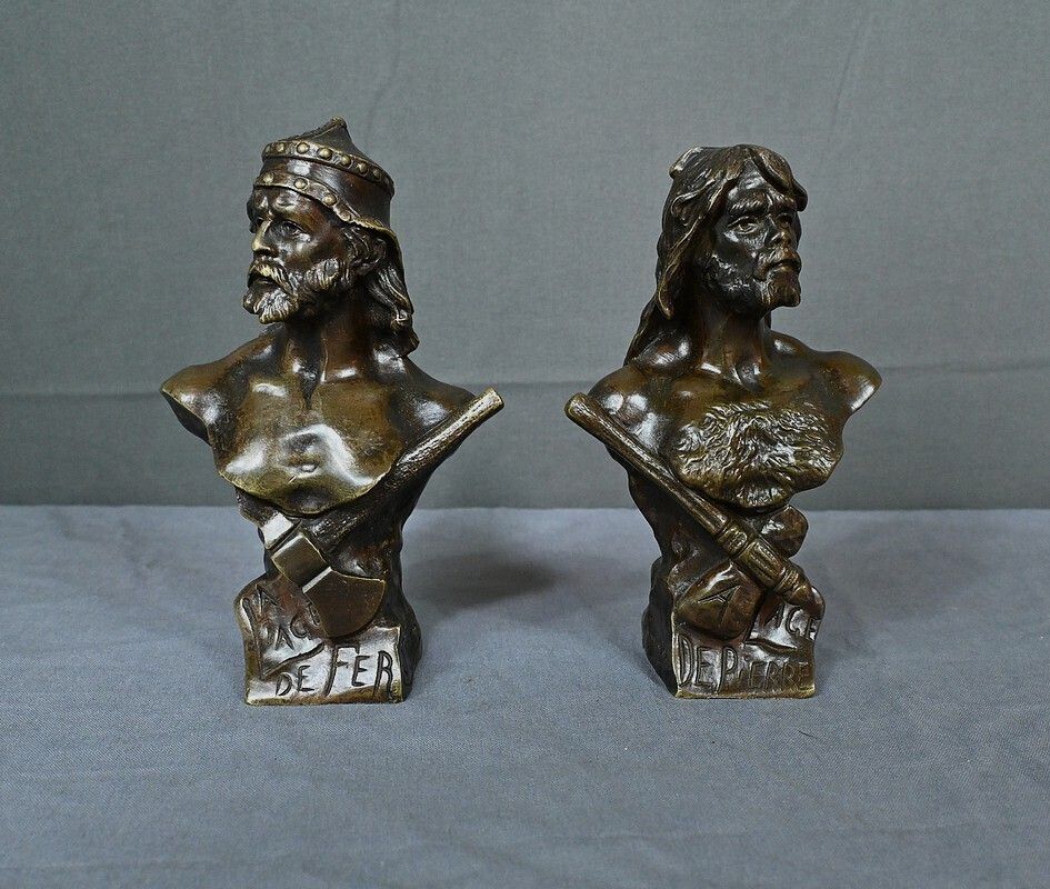 Art Pair Of Bronze Busts “The Stone Age & The Iron Age” Signed J. Garnier – Late 19th Century photo