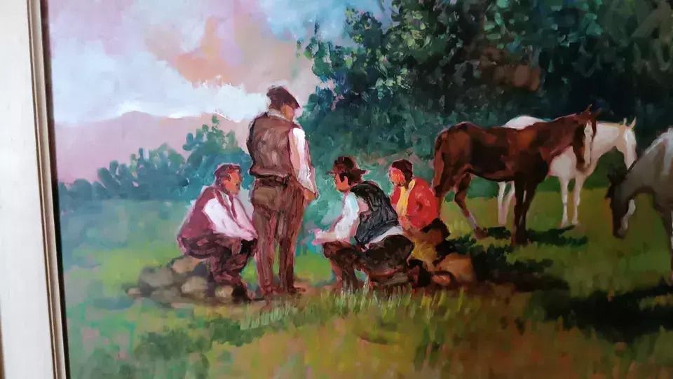 Oil Painting Country Landscape Horses Fausto Magni ( Florence 1906 1985 ) photo for sale