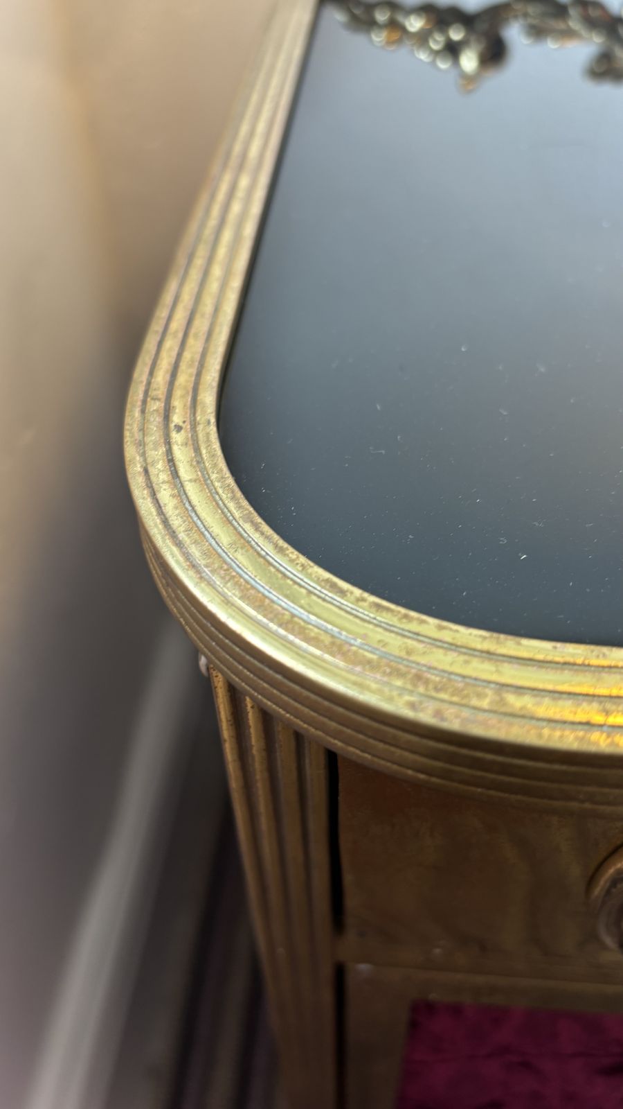 Mid Century Bronze Nightstand With Black Vitrine Glass Top And Velvet Side Panels And Door photo furniture