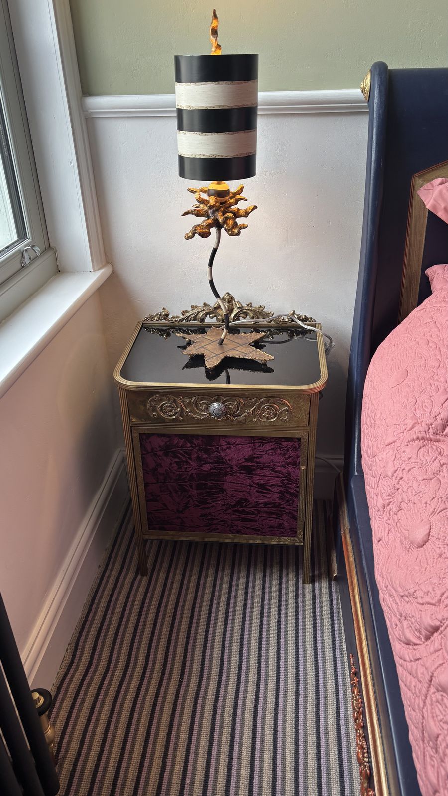 Mid Century Bronze Nightstand With Black Vitrine Glass Top And Velvet Side Panels And Door photo Furniture