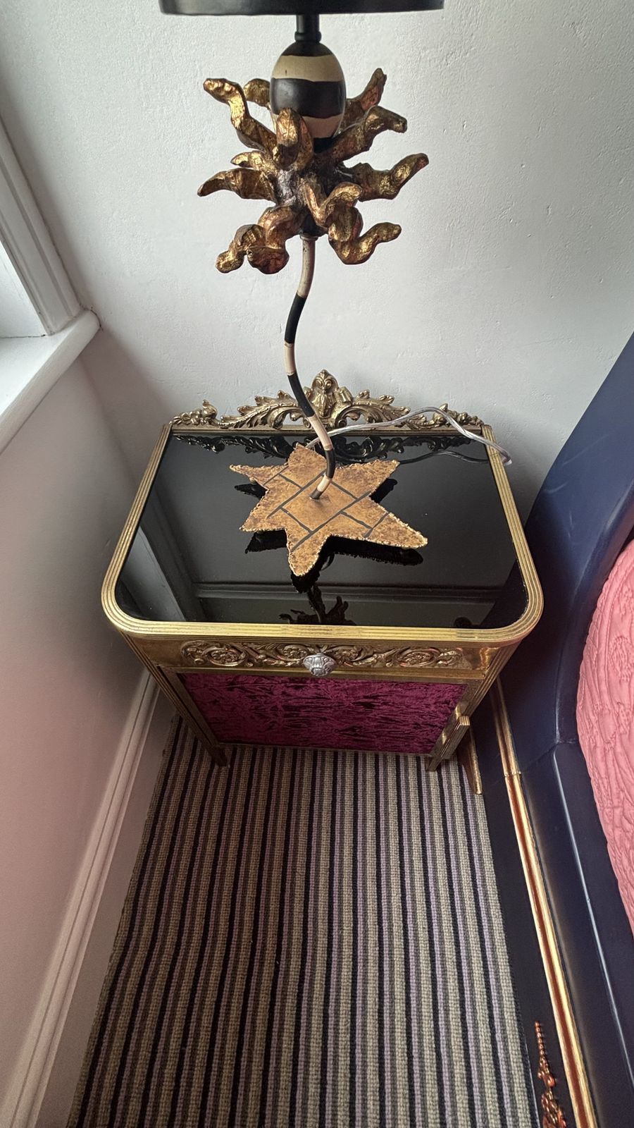 Mid Century Bronze Nightstand With Black Vitrine Glass Top And Velvet Side Panels And Door photo vinterior
