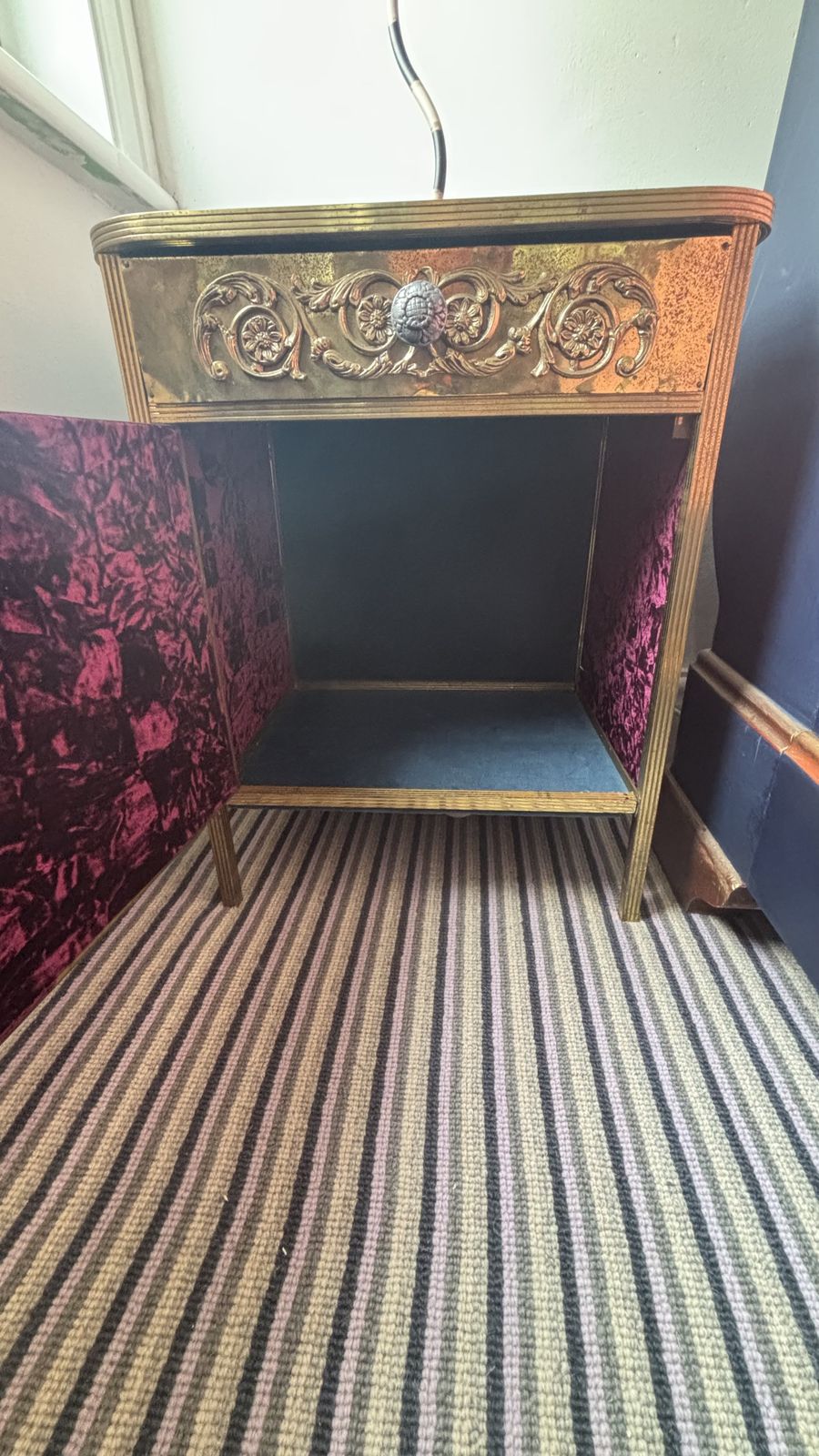 Mid Century Bronze Nightstand With Black Vitrine Glass Top And Velvet Side Panels And Door photo vintage