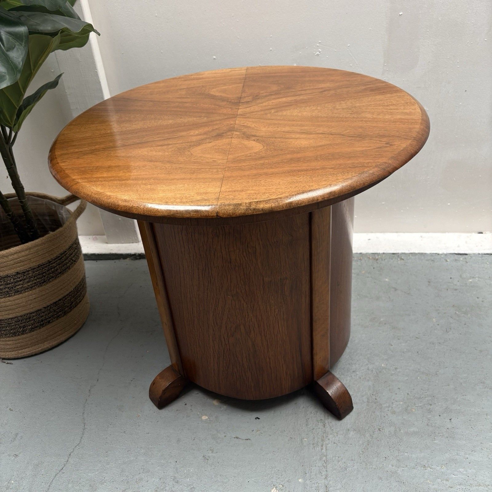 Art Deco Matched Walnut Veneer Barrel Pedestal Coffee Side Table photo furniture