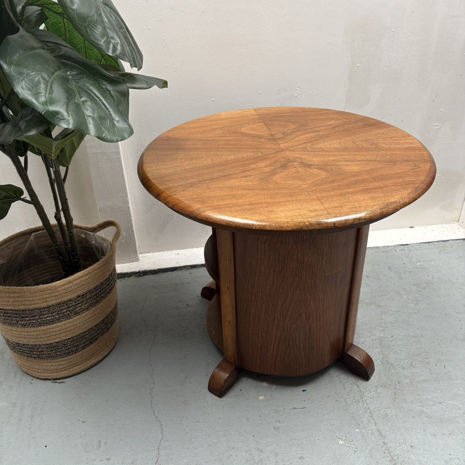 Art Deco Matched Walnut Veneer Barrel Pedestal Coffee Side Table photo Furniture