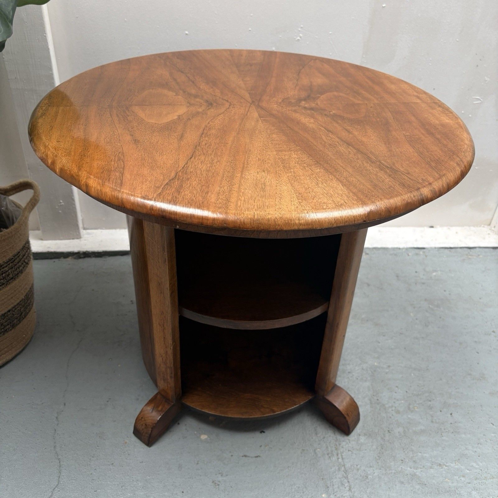 Art Deco Matched Walnut Veneer Barrel Pedestal Coffee Side Table photo vinterior