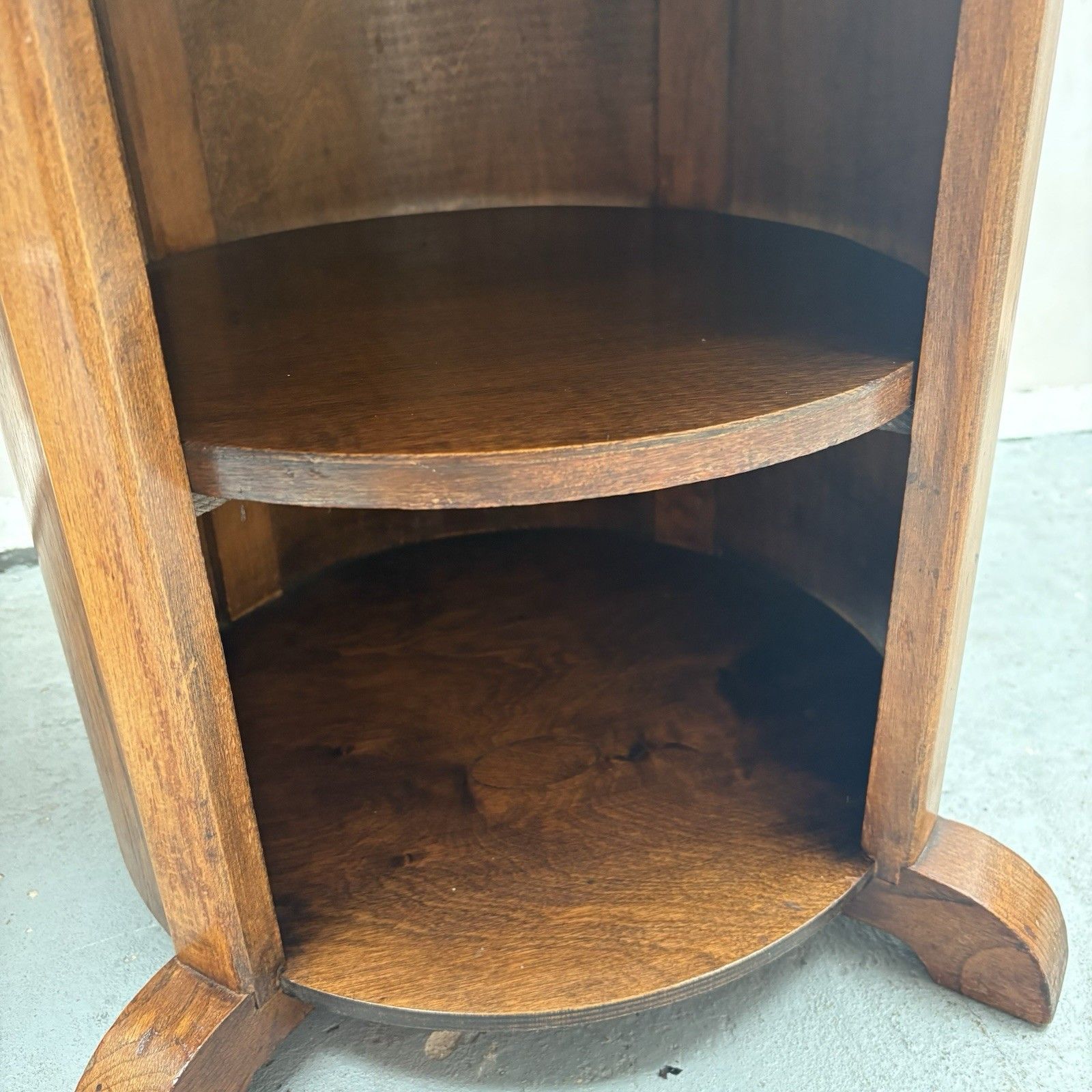 photo furniture Art Deco Matched Walnut Veneer Barrel Pedestal Coffee Side Table
